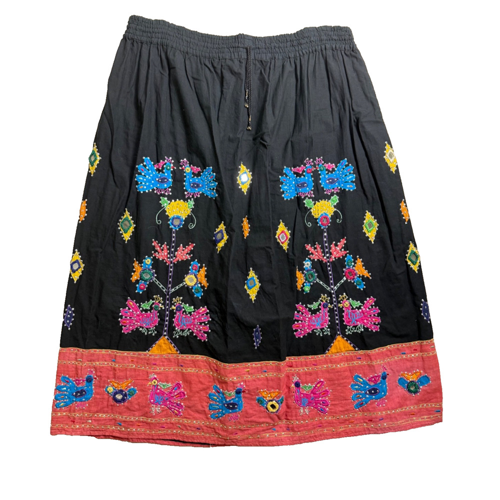 Bohemian Hippie Black Maxi Skirt Embroidered Birds Mirrors Waist Size Up To 45"